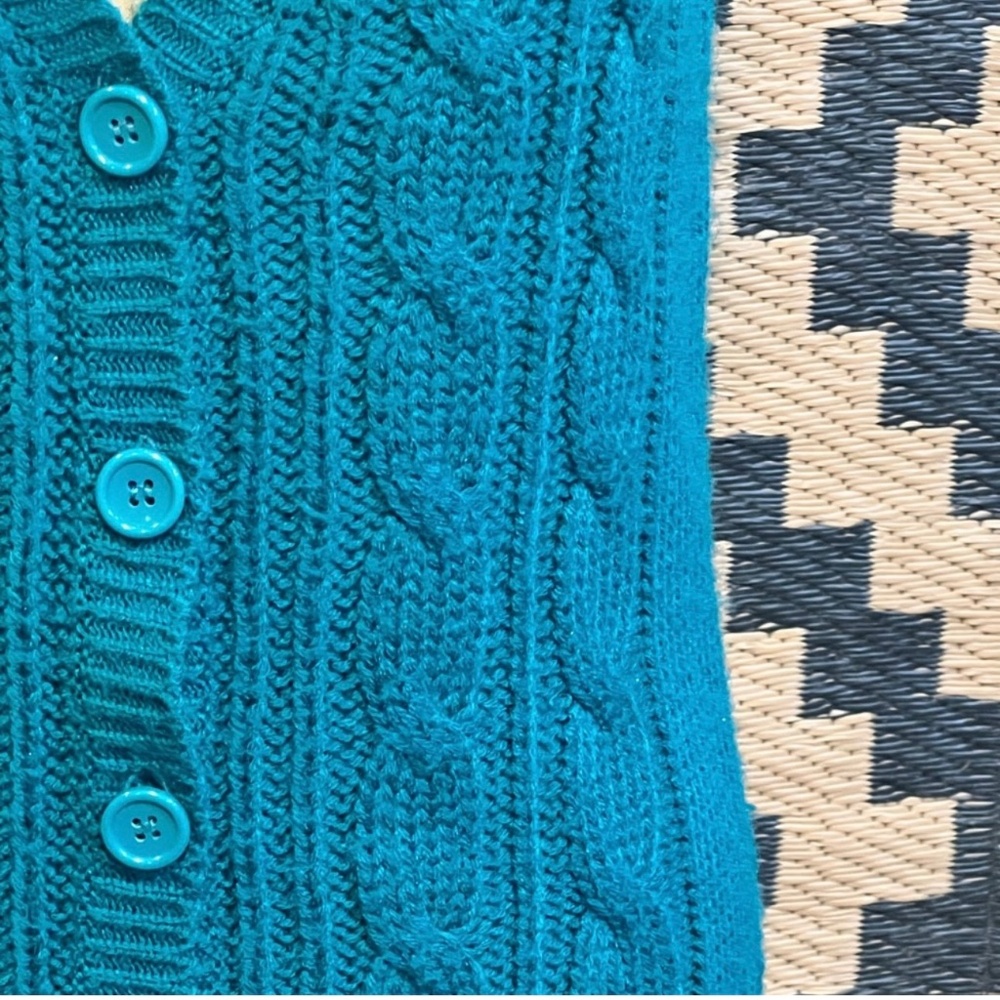 VINTAGE cableknit knit sweater cardigan vest button front teal 70s 80s preppy - Picture 3 of 5